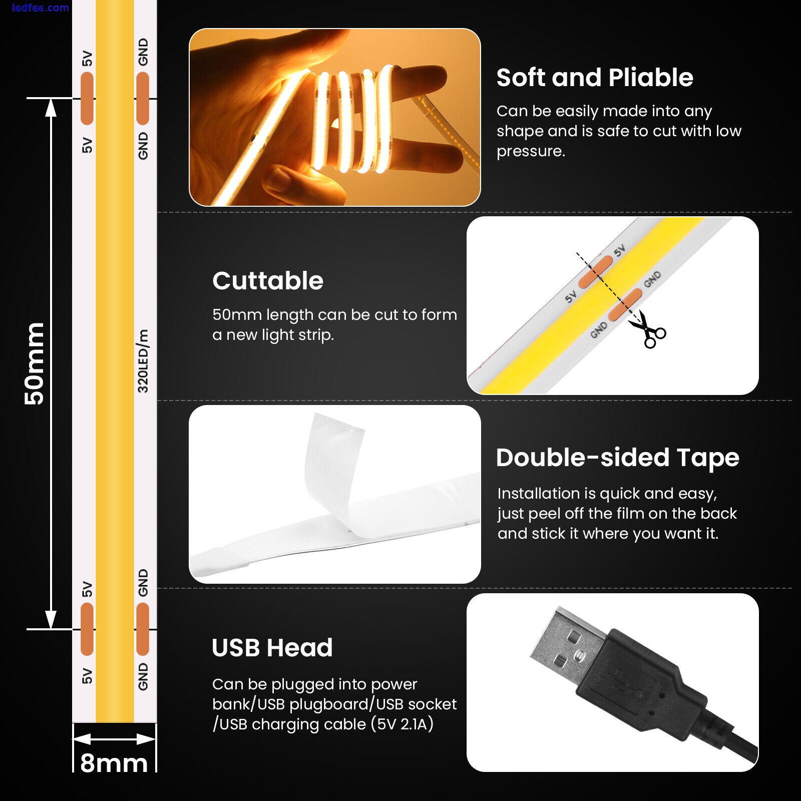 3MM 5MM 8MM USB LED COB Strip Lights 320led/m Flexible tape rope Lamp 9 colors 3 