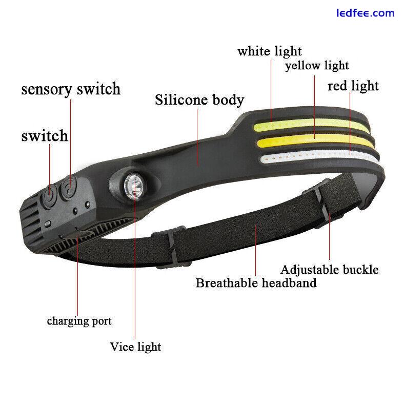 COB LED Headlamp USB Rechargeable Headlight Torch Work Light Bar Head Band Lamp 3 