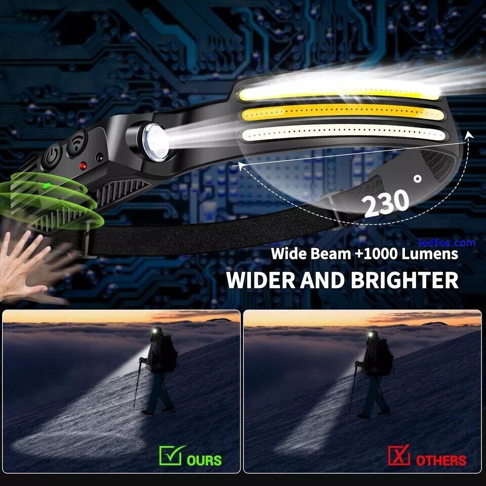 COB LED Headlamp USB Rechargeable Headlight Bar Head Band Torch Work Light 6000K 5 