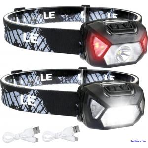 2 USB Rechargeable Headlamp Water Resistant Super Bright LED Head Torches 2 Pack