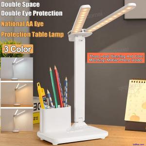 2 Head LED Touch Desk Lamp Dimmable Bedroom Reading Light with Pen Phone Holder