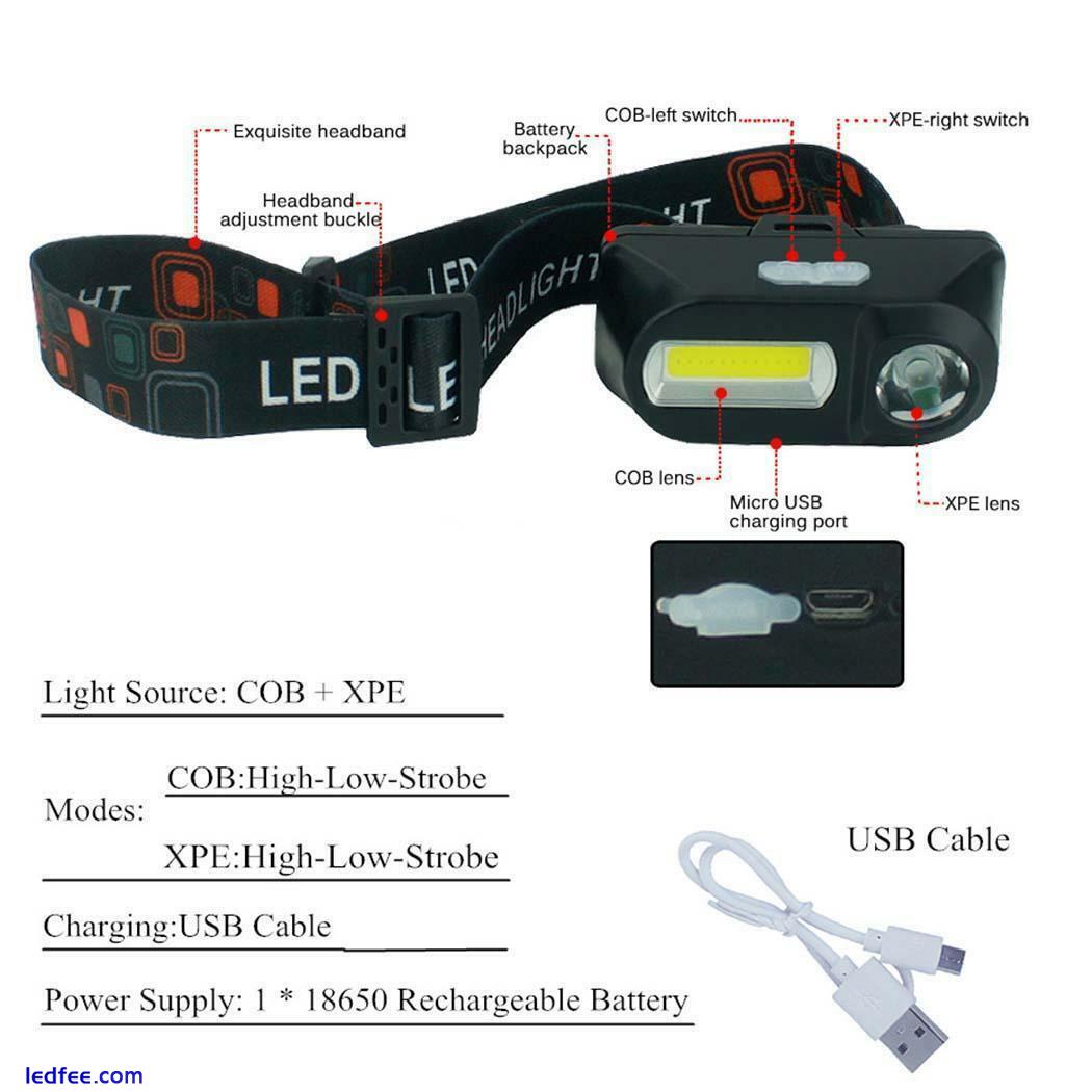 Waterproof USB Rechargeable LED Headlight Torch Bright Lamps Adjustable Headlamp 2 