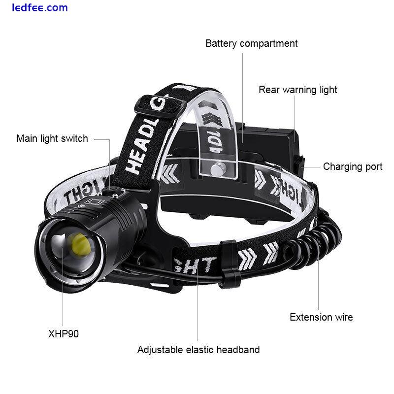 990000LM XHP90/XHP70  LED Headlamp Zoom USB Rechargeable Head Torch Headlight 2 