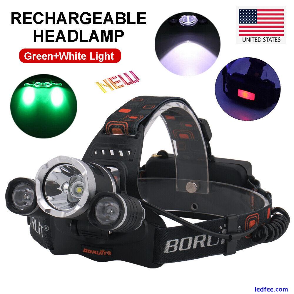 9000LM BORUIT headlamp LED Torch White+green Light USB Rechargeable Headlight 2 