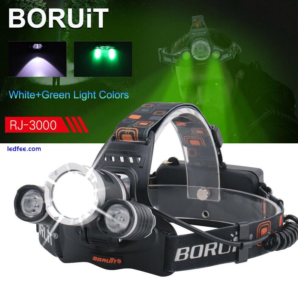 9000LM BORUIT headlamp LED Torch White+green Light USB Rechargeable Headlight 3 