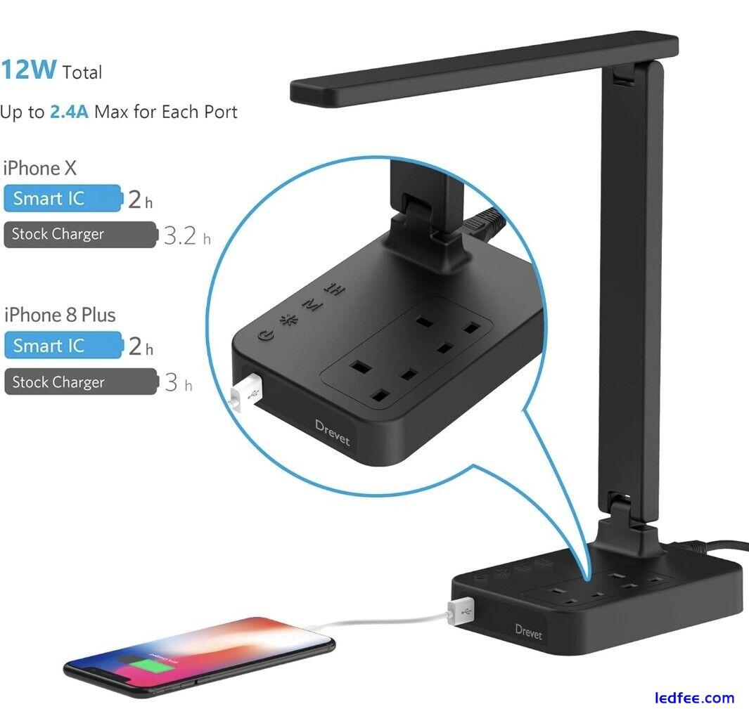 Drevet LED Desk Lamp, Desk Light with 1 USB Charging Port and 2 Way Outlets 3 