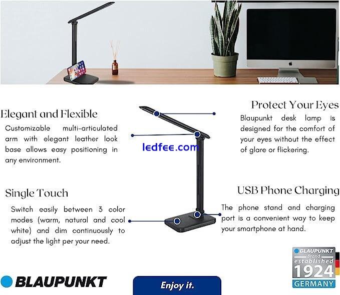 Blaupunkt LED Easy On The Eyes  Black Desk Lamp Dimmable 3000-6000K USB Charging 3 