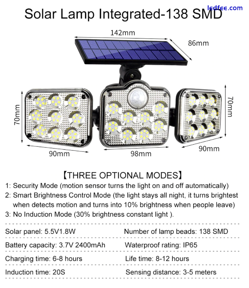 138 LED Solar Power PIR Motion Sensor Light Outdoor Security Garden Waterproof 5 