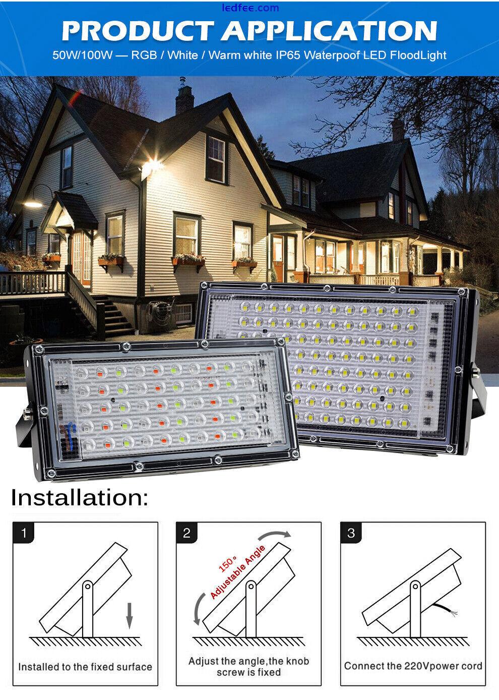 50W 100W LED Flood Light Cool White RGB Outdoor Spotlight Waterproof W/Plug Lamp 4 