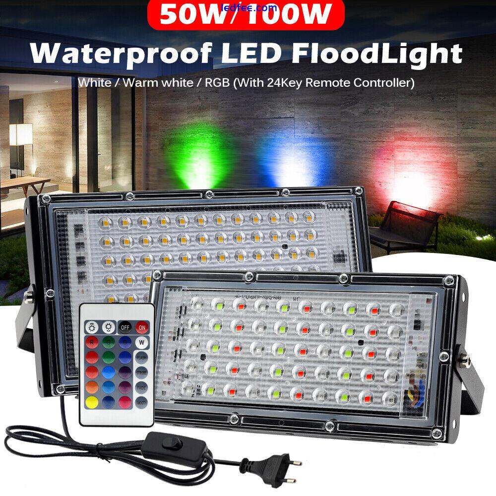 50W 100W LED Flood Light Cool White RGB Outdoor Spotlight Waterproof W/Plug Lamp 1 