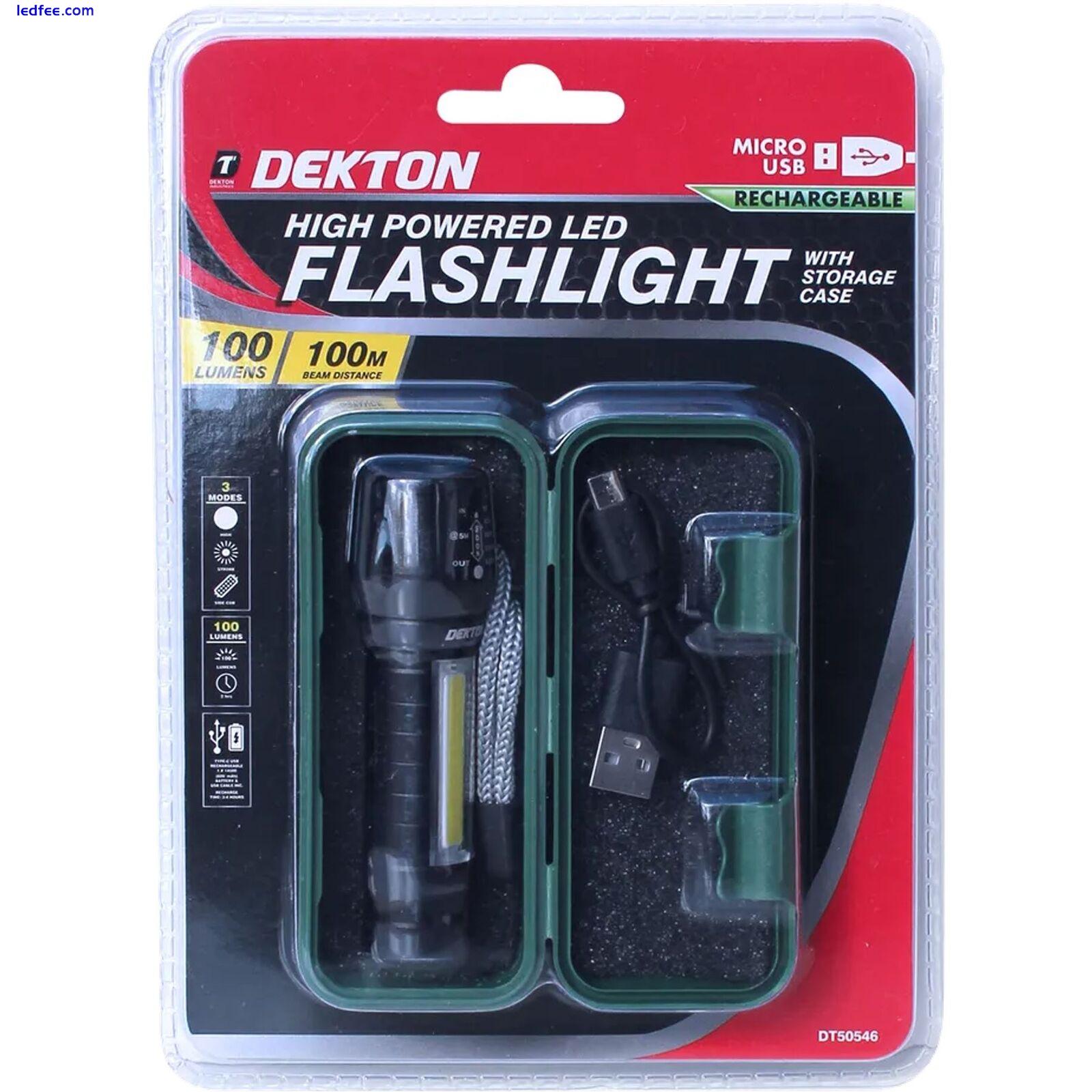 Dekton LED Torch 100 Lumens 100m Flashlight USB Rechargeable With Case 0 