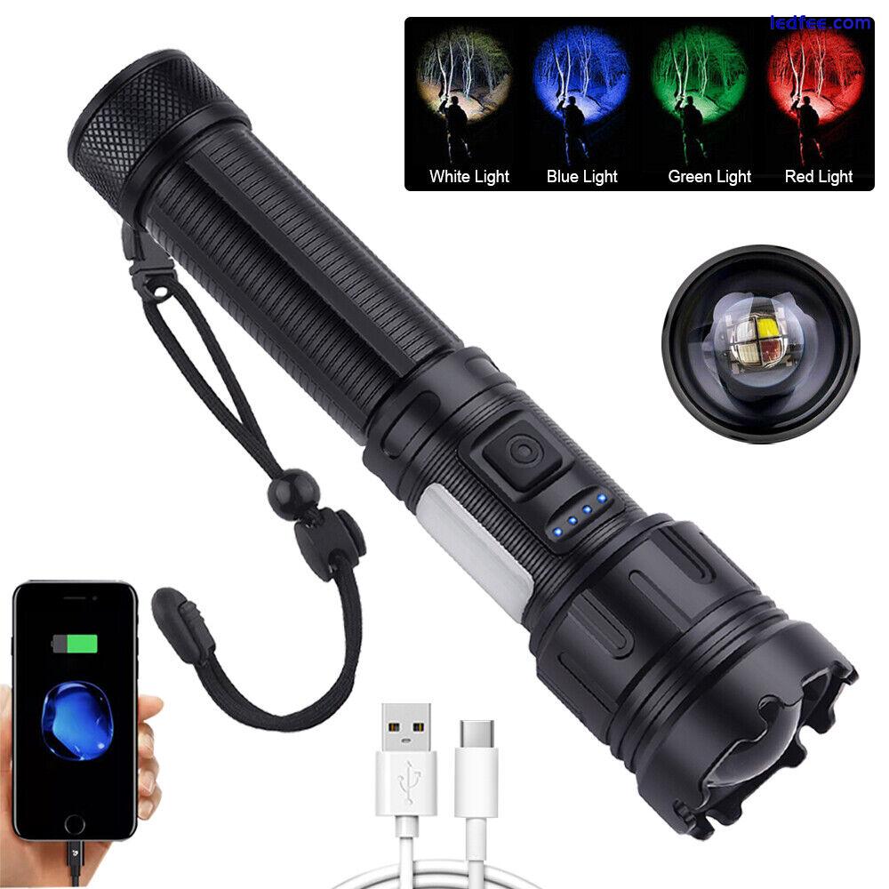 Tactical 4 in1 Red+Blue+Green+White LED Flashlight Light USB Rechargeable Torch 0 