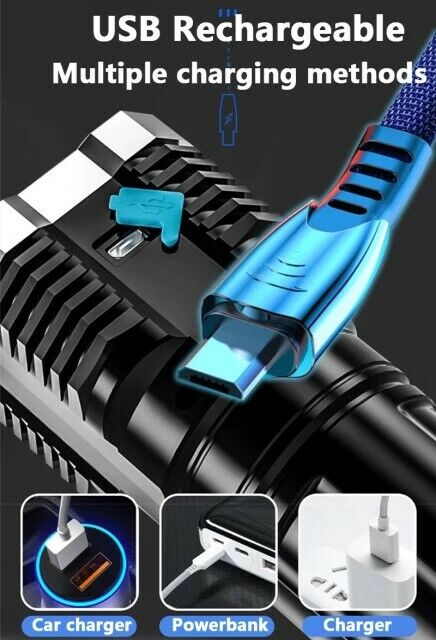 Super Bright LED Flashlight USB Rechargeable Hiking Camping Tactical Lamp 3 