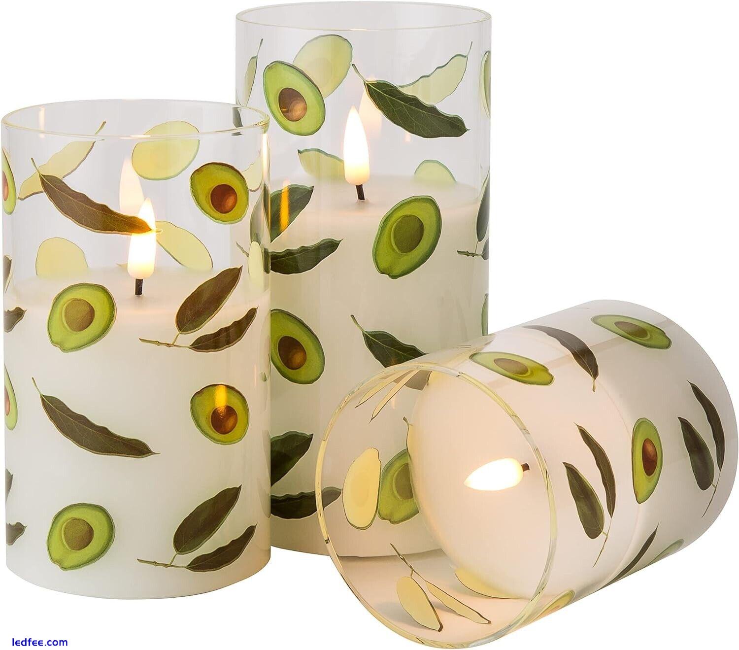 3 Glass Realistic Flameless LED Flickering Candles Set & Remote Control. Avacado 0 