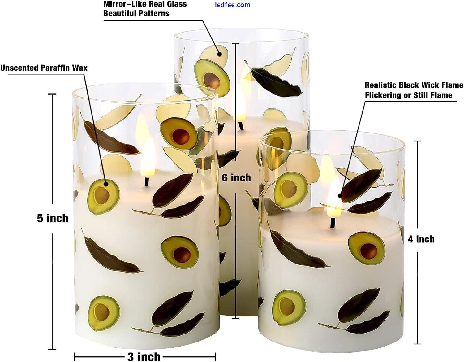 3 Glass Realistic Flameless LED Flickering Candles Set & Remote Control. Avacado 1 