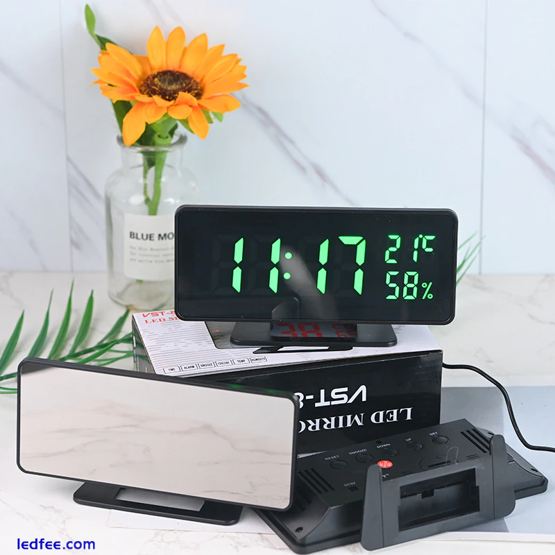 Digital Alarm Clock Mirror Temperature Humidity 3 Alarms Snooze Desk Table Watch 2 