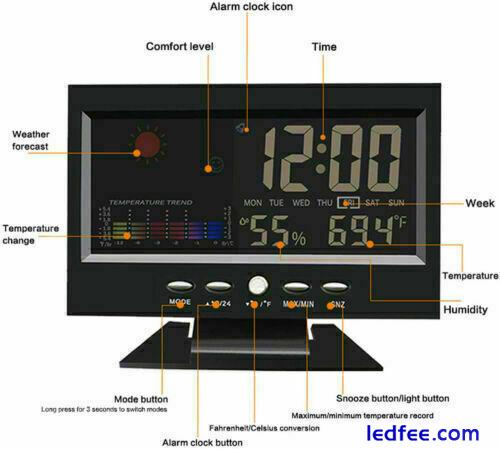 Desk Digital Alarm Clock Weather Thermometer  LED Temperature Humidity Monitor 4 