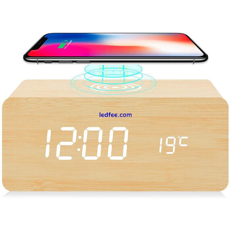 Wooden Electric Alarm Clock w/Wireless Charging Pad LED Charger for Bedroom Home 4 