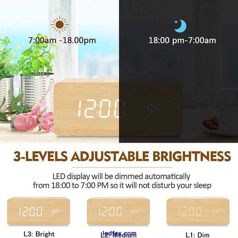 Wooden Electric Alarm Clock w/Wireless Charging Pad LED Charger for Bedroom Home 1 