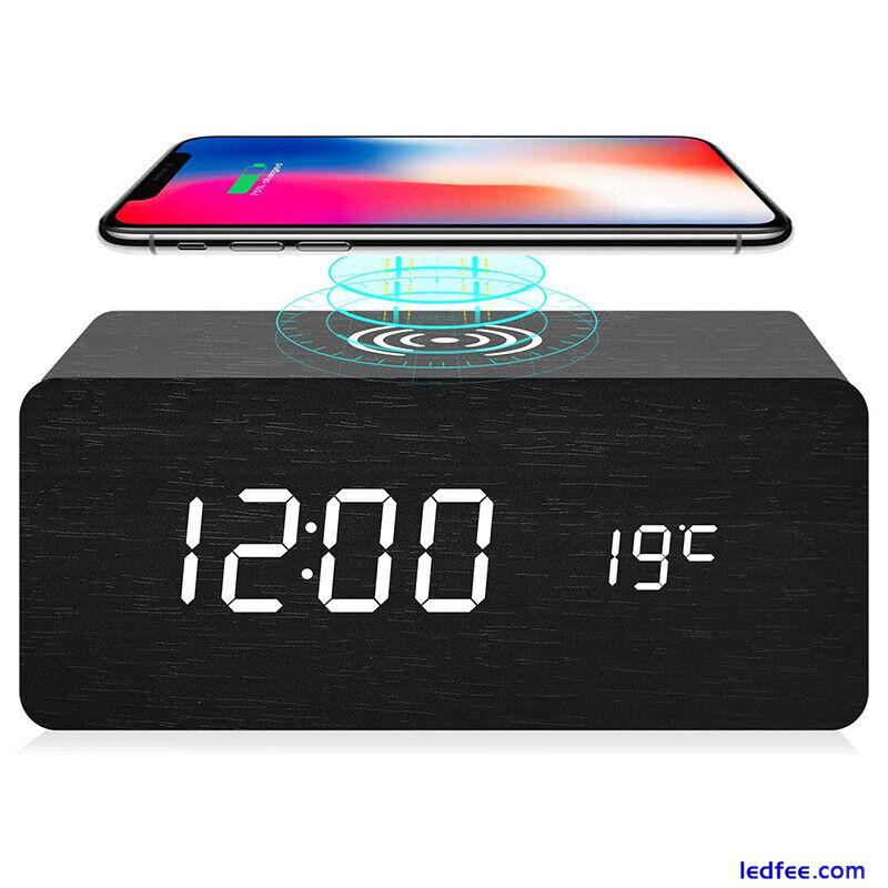 Wooden Electric Alarm Clock w/Wireless Charging Pad LED Charger for Bedroom Home 5 