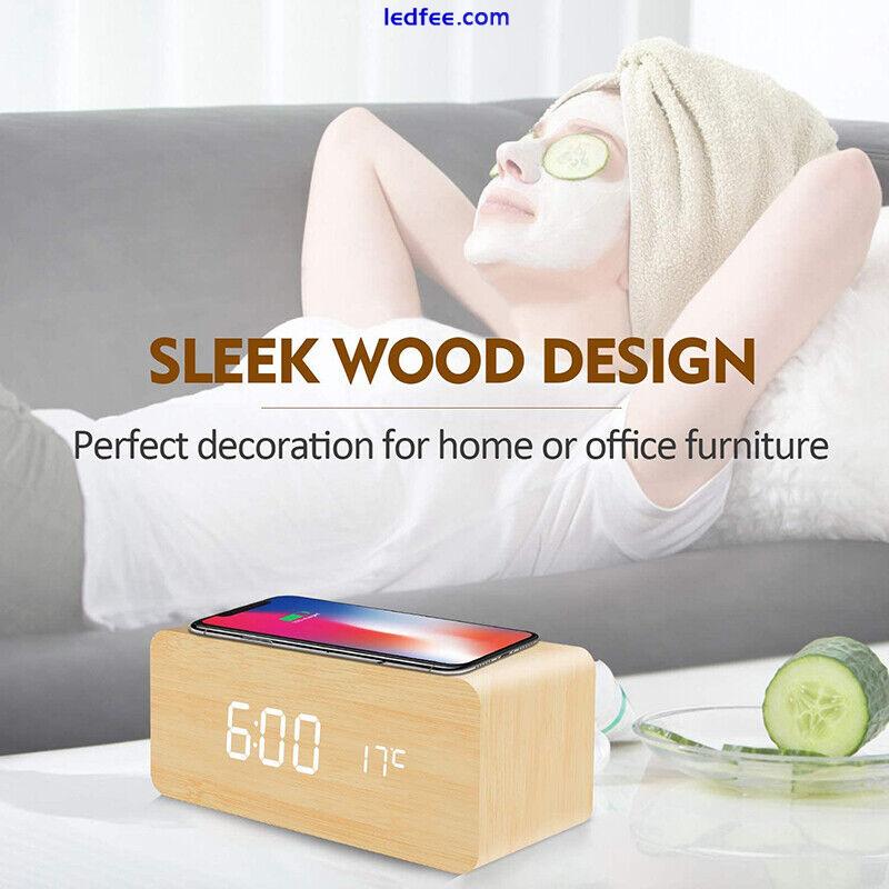 Wooden Electric Alarm Clock w/Wireless Charging Pad LED Charger for Bedroom Home 3 