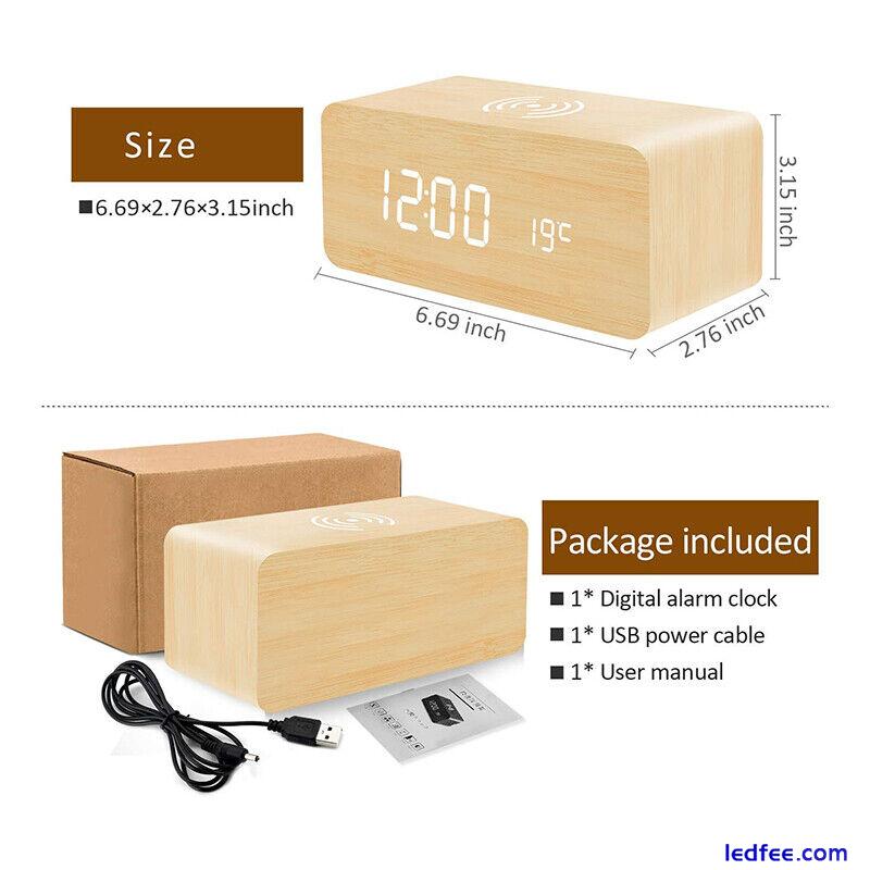 Wooden Electric Alarm Clock w/Wireless Charging Pad LED Charger for Bedroom Home 2 