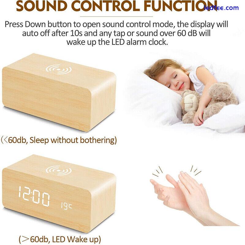 Wooden Electric Alarm Clock w/Wireless Charging Pad LED Charger for Bedroom Home 0 