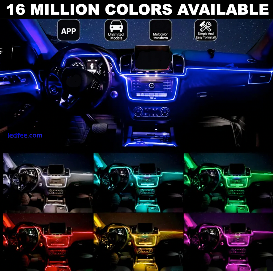 Kit APP LED Neon Light Trim Glow Optic Fiber Strip Car Interior Ambient Lighting 5 