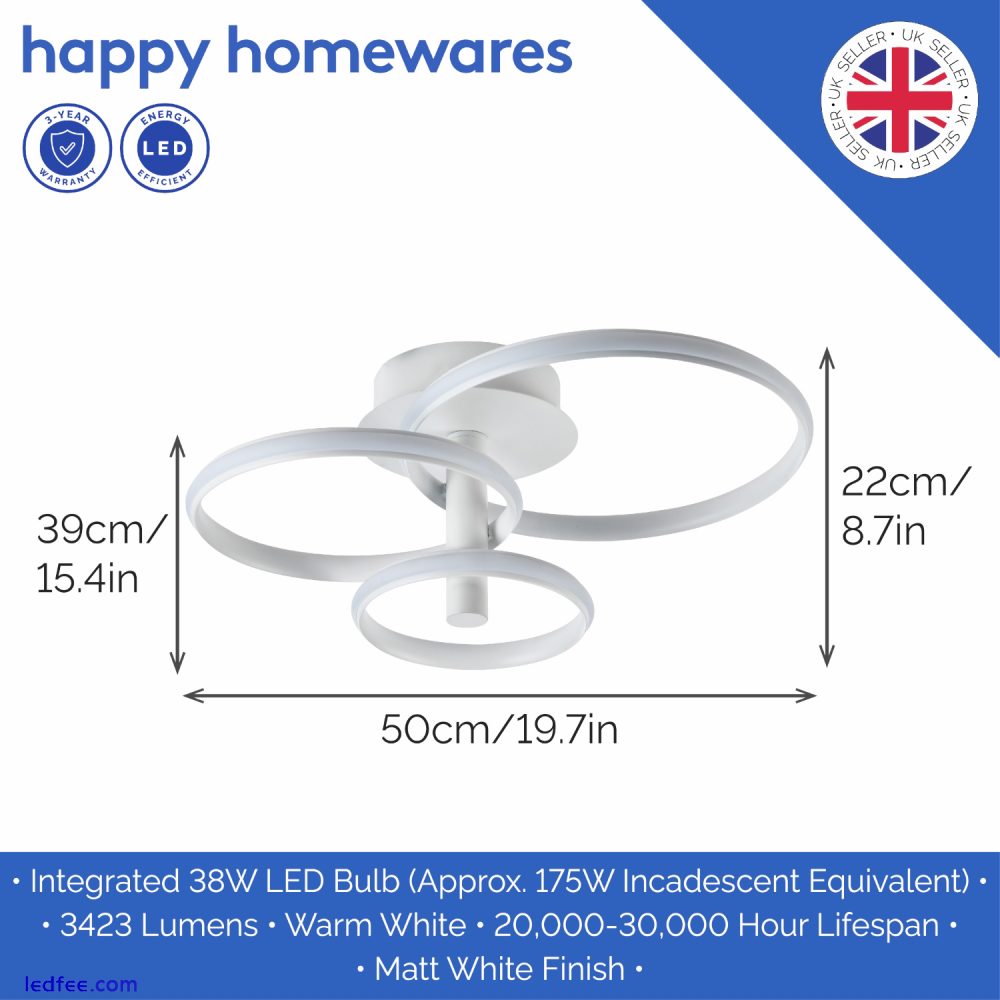 Modern Designer Matt White Triple Ring Low Energy LED Ceiling Light Fitting b... 3 