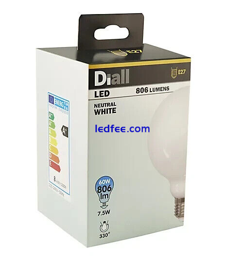 2 x Lumens LED E27 Globe Neutral white Indoor Light bulb Lamp (60W) Diall 806lm 0 