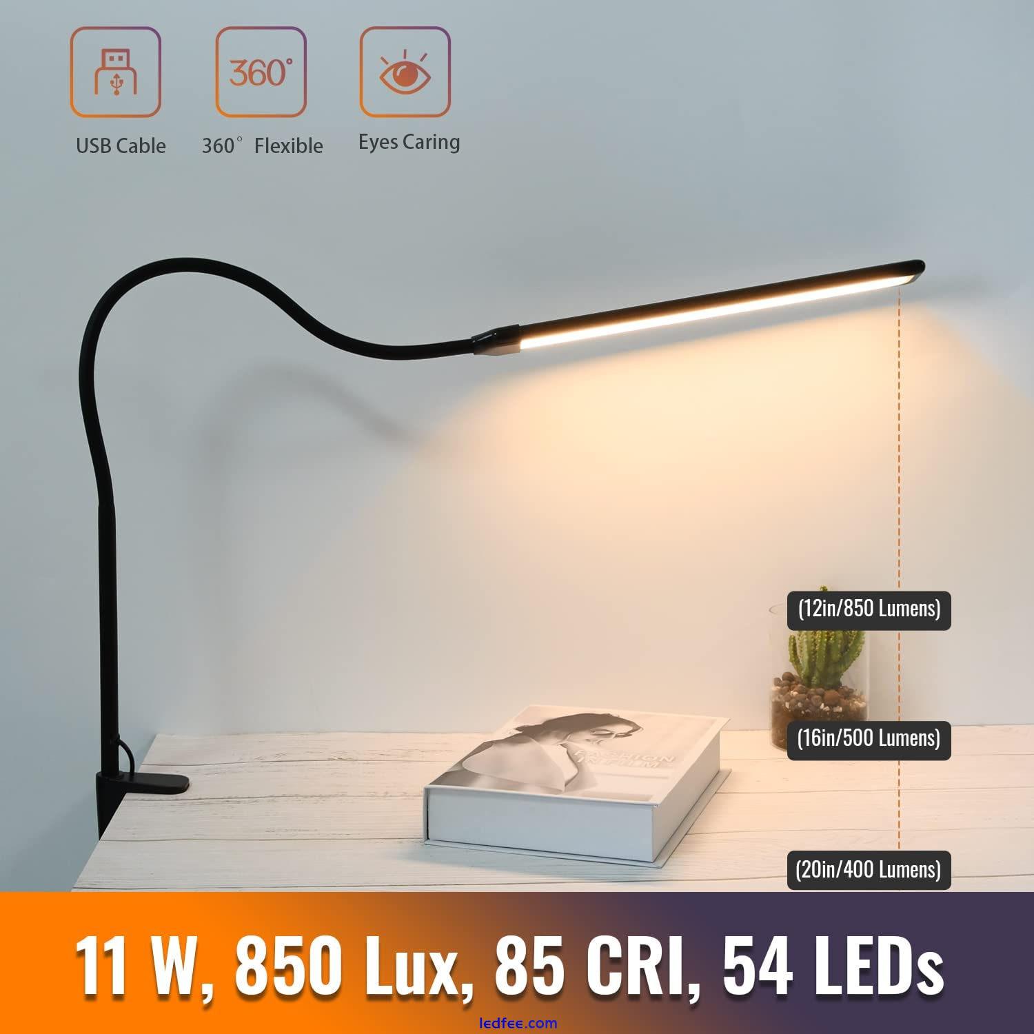 LED Desk Lamp with Clamp, Clamp Light, Tall Desk Lamp with Long Gooseneck, 11W,  3 