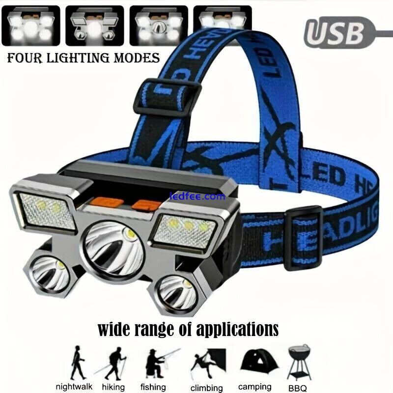 USB Rechargeable Headlamp Portable 5LED Headlight Built In Battery Torch 1 