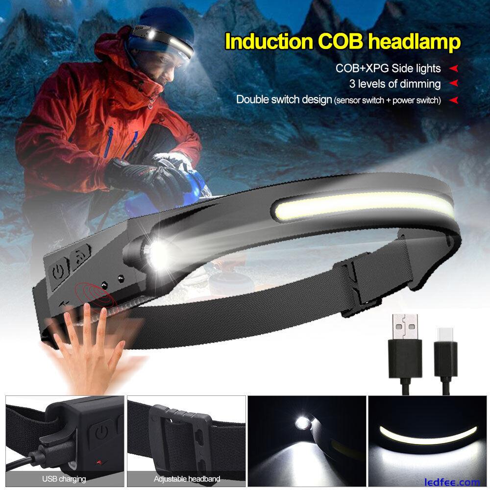 230° USB Rechargeable LED Headlamp Head Torch Lamp COB Light Inductive Sensor UK 5 