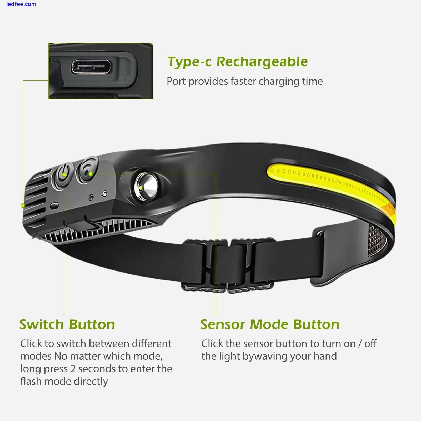 LED Head Torch Camping Headlamp Rechargeable Waterproof COB Headlamp Headlight 3 