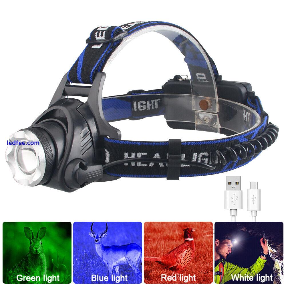 Hunting Red Green Blue White Light LED Head Torch Headlamp Zoom USB Rechargeable 1 