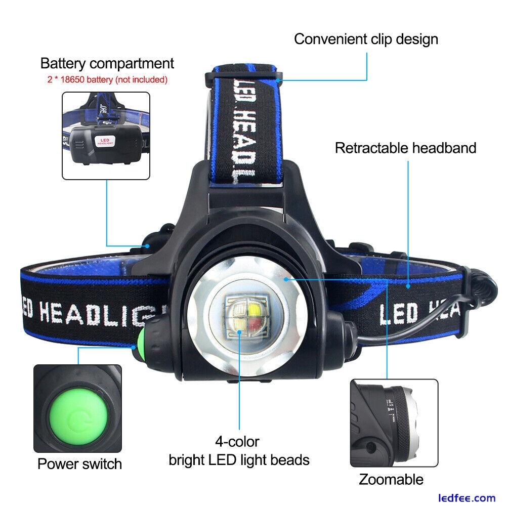 Hunting Red Green Blue White Light LED Head Torch Headlamp Zoom USB Rechargeable 3 