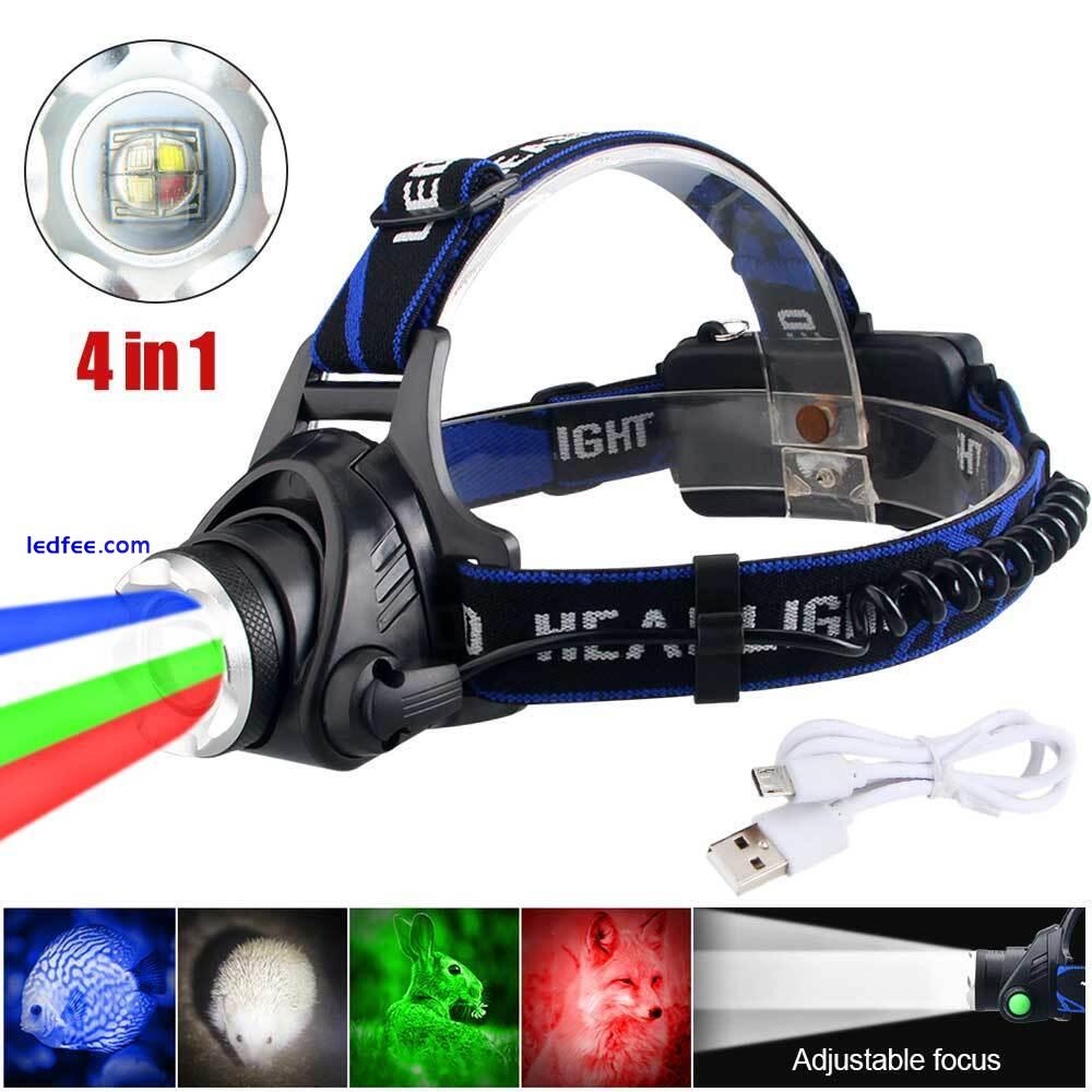 Hunting Red Green Blue White Light LED Head Torch Headlamp Zoom USB Rechargeable 0 