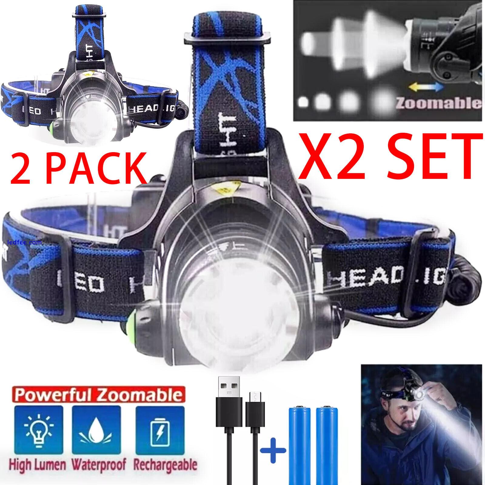 2 PACK Headlamp Rechargeable 990000LM LED Flashlight Zoom Headlight Head Torches 1 