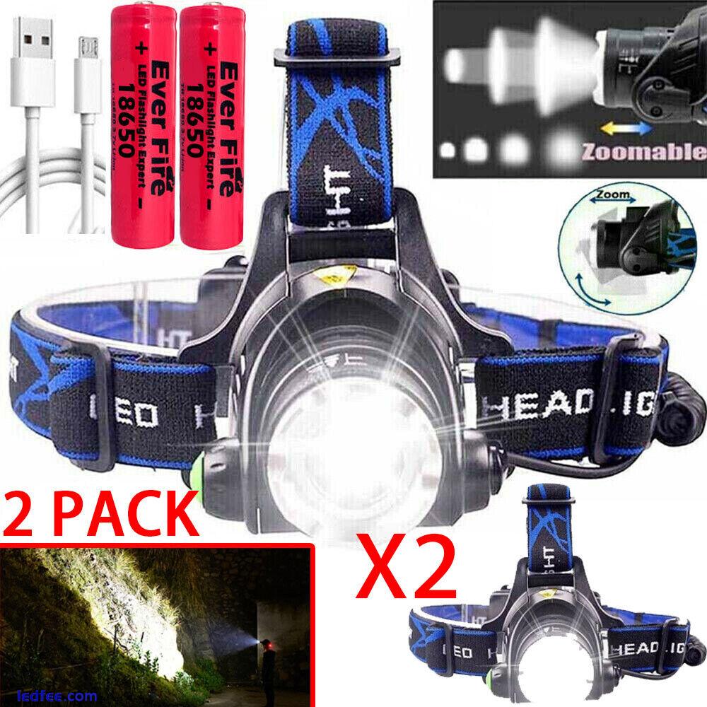 2 PACK Headlamp Rechargeable 990000LM LED Flashlight Zoom Headlight Head Torches 0 