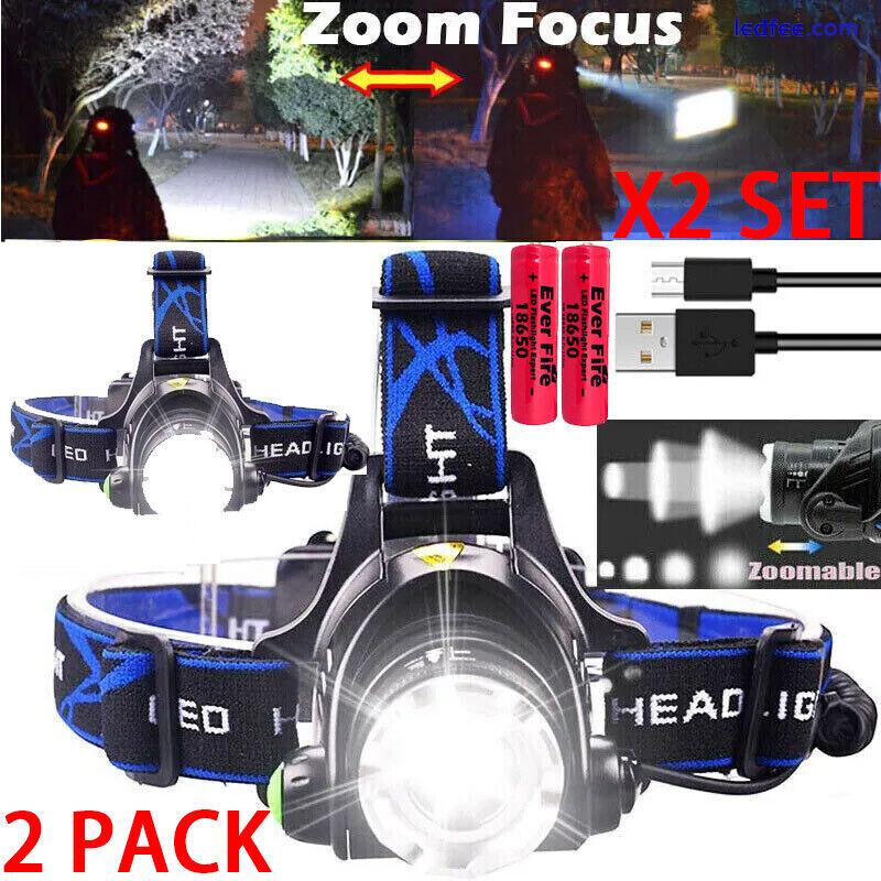 2 PACK Headlamp Rechargeable 990000LM LED Flashlight Zoom Headlight Head Torch 0 