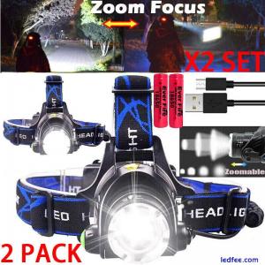 2 PACK Headlamp Rechargeable 990000LM LED Flashlight Zoom Headlight Head Torches