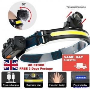 COB LED Sensor Camping Headlamp Headlight Head Torch USB Rechargeable Waterproof